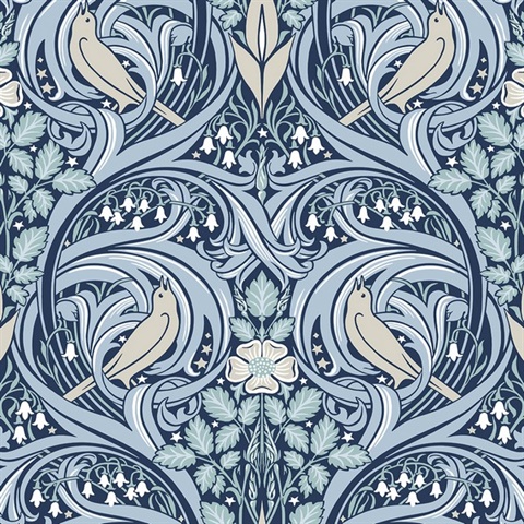 Bird Scroll Floral & Leaf  Blue Wallpaper