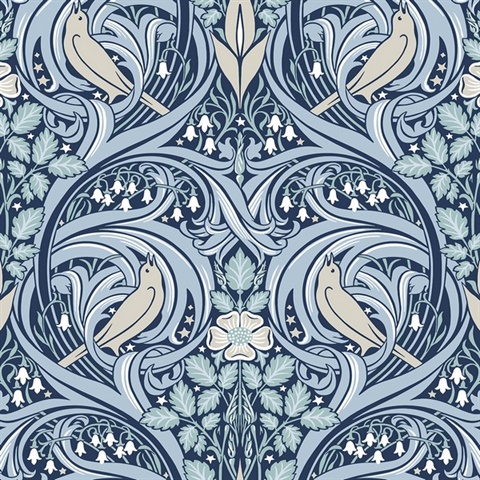 Bird Scroll Floral & Leaf  Blue Wallpaper