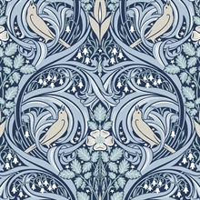 Bird Scroll Floral & Leaf  Blue Wallpaper