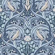Bird Scroll Floral & Leaf  Blue Wallpaper
