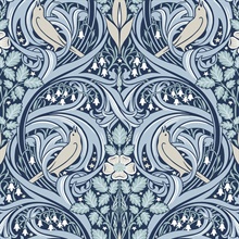 Bird Scroll Floral &amp; Leaf  Blue Wallpaper