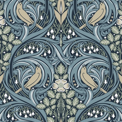 Bird Scroll Floral & Leaf  Blue Wallpaper