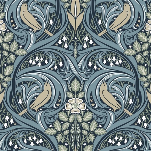 Bird Scroll Floral & Leaf  Blue Wallpaper