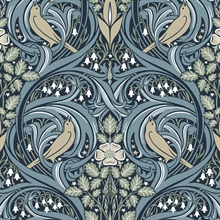 Bird Scroll Floral & Leaf  Blue Wallpaper