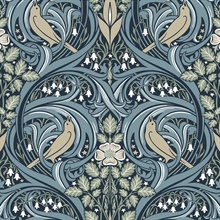 Bird Scroll Floral & Leaf  Blue Wallpaper