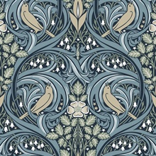 Bird Scroll Floral &amp; Leaf  Blue Wallpaper