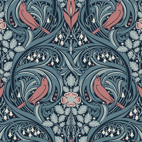 Bird Scroll Floral & Leaf  Blue Wallpaper