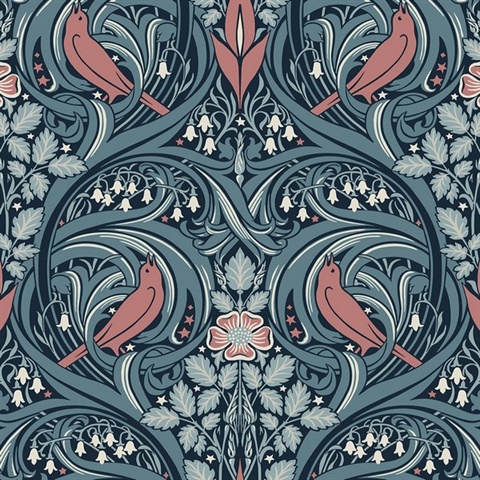 Bird Scroll Floral & Leaf  Blue Wallpaper