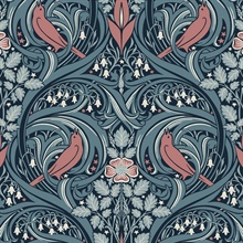 Bird Scroll Floral & Leaf  Blue Wallpaper
