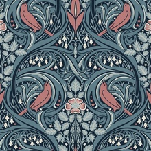 Bird Scroll Floral &amp; Leaf  Blue Wallpaper