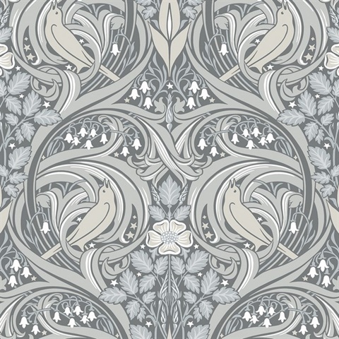 Bird Scroll Floral & Leaf  Grey Wallpaper