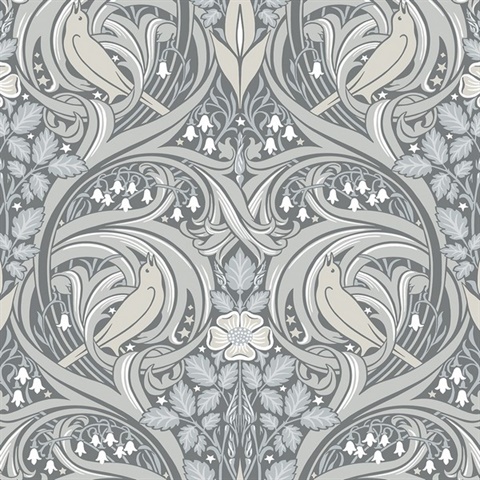 Bird Scroll Floral & Leaf  Grey Wallpaper