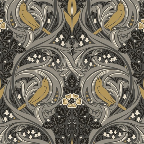 Bird Scroll Floral & Leaf  Grey Wallpaper