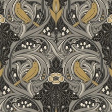 Bird Scroll Floral & Leaf  Grey Wallpaper