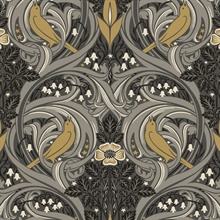 Bird Scroll Floral & Leaf  Grey Wallpaper