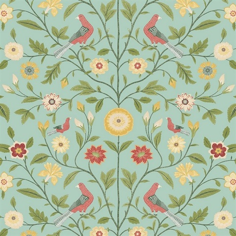 Bird Toile Floral Aquamarine Peel and Stick Wallpaper
