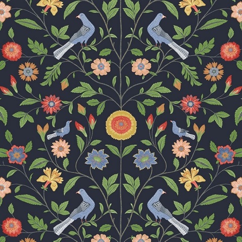 Bird Toile Floral Midnight Blue Peel and Stick Wallpaper