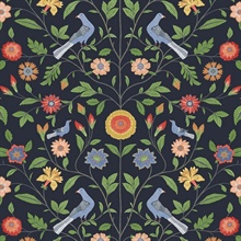 Bird Toile Floral Midnight Blue Peel and Stick Wallpaper