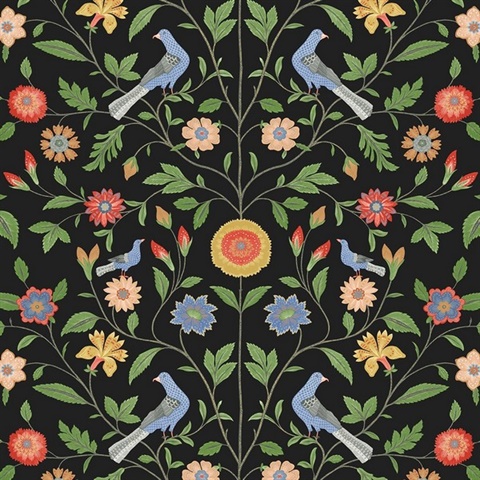 Bird Toile Floral Onyx Peel and Stick Wallpaper