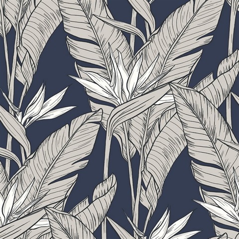 Birds of Paradise Navy Blue & Metallic Pewter Peel and Stick Wallpaper