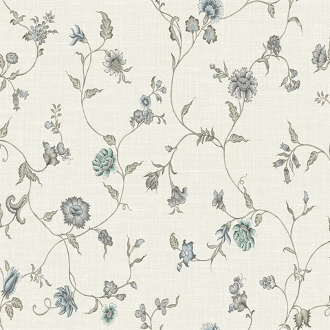 Bisque Bleu & French  Floral & Leaf Vine Toile Florale Trail Wallpaper