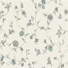 Bisque Bleu &amp; French  Floral &amp; Leaf Vine Toile Florale Trail Wallpaper