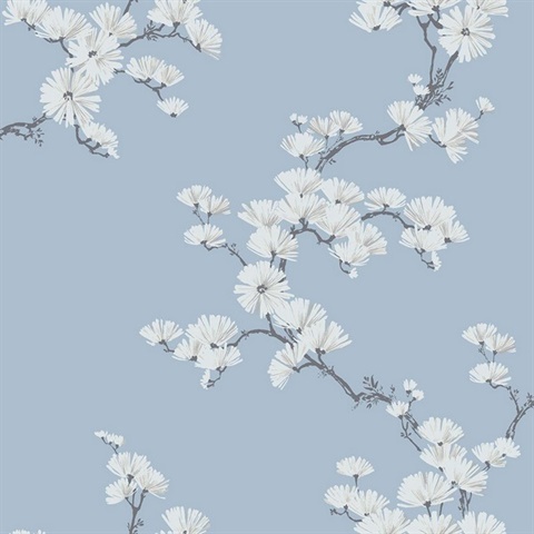 Black, Baby Blue & White Chinoiserie Garden Tree Wallpaper