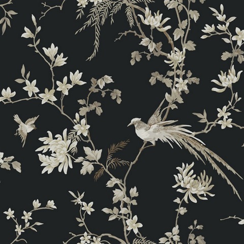 Black Bird And Blossom Chinoserie Wallpaper