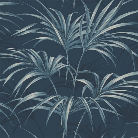 Black & Blue Commercial Open Palm Leaf Wallpaper
