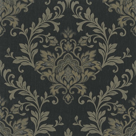Black & Gold Ornamental Distressed Textured Large Damask Wallpaper