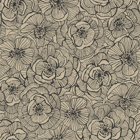 Black & Gold Textured Large Linework Floral Wallpaper