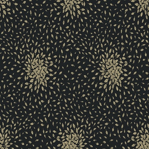 Black & Gold Textured Scattered Leaves Wallpaper