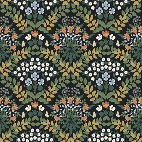 Black & Green Bramble Abtract Floral Leaf Wallpaper
