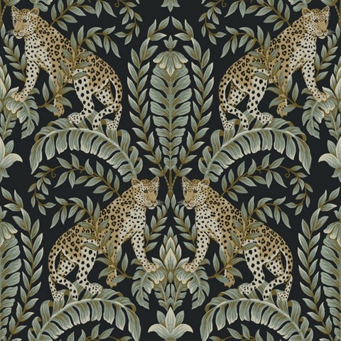 Black &amp; Green Jungle Leopard &amp; Leaf Wallpaper