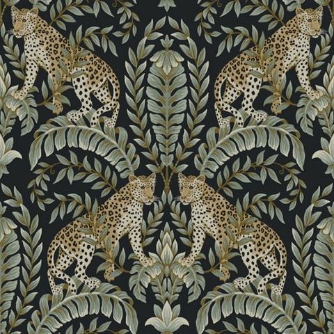 Black &amp; Green Jungle Leopard &amp; Leaf Wallpaper