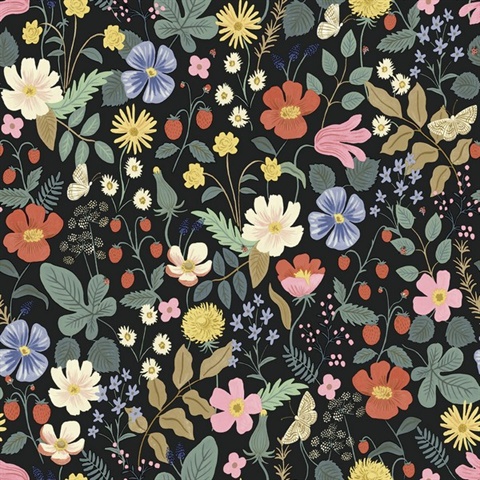 Black & Green Strawberry Fields Bright Floral Wallpaper