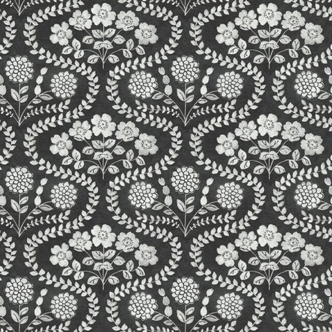 Black & Grey Folksy Floral Wallpaper