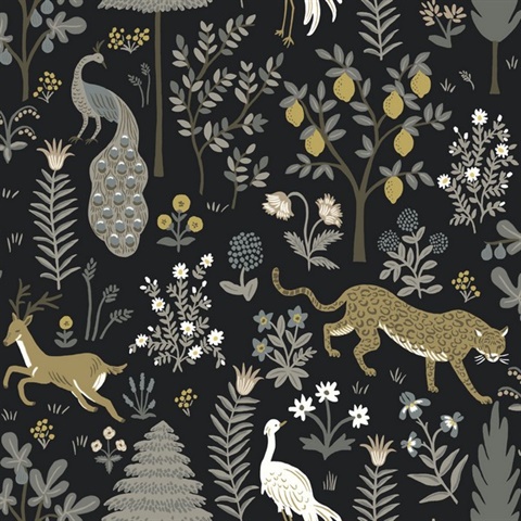Black & Grey Menagerie Animal Forest Themed Wallpaper