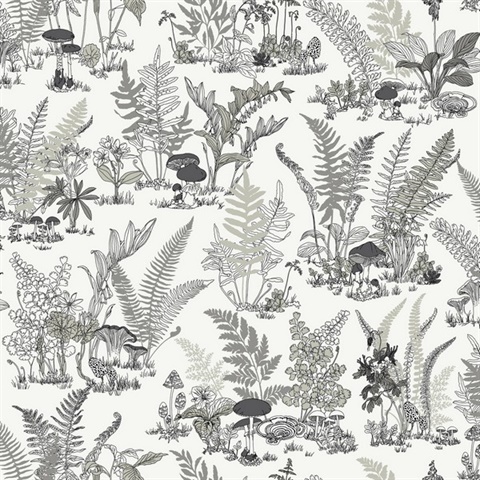 Black & Grey Mushroom Garden Toile Wallpaper