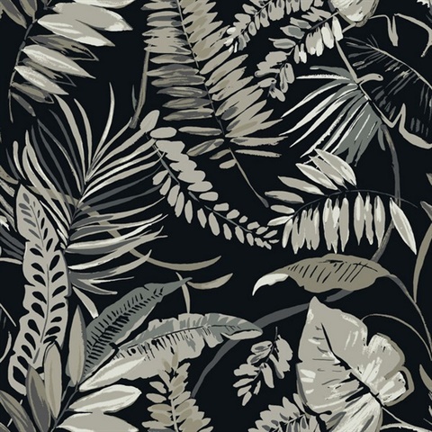 Black &amp; Grey Tropical Toss Leaf &amp; Fern Floral Wallpaper