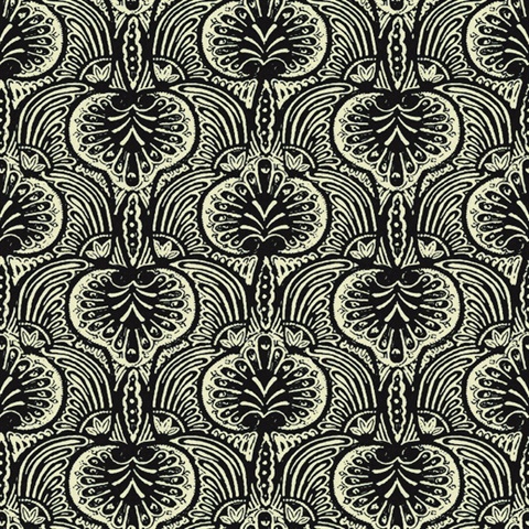 Black & Off White Lotus Palm Paisley Wallpaper