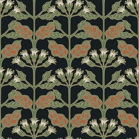 Black & Orange Tracery Blooms Wallpaper