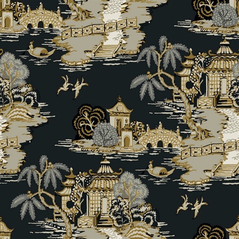 Black Pagoda Scenic Asian Toile Wallpaper