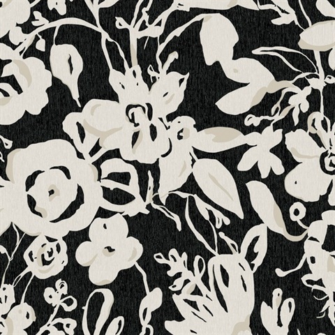 Black Painterly Brushstroke Floral Wallpaper
