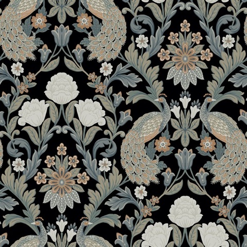 Black & Peach Plume Dynasty Peacock Wallpaper