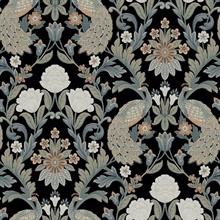 Black &amp; Peach Plume Dynasty Peacock Wallpaper