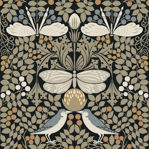 Black & Taupe Butterfly & Bird Garden Wallpaper
