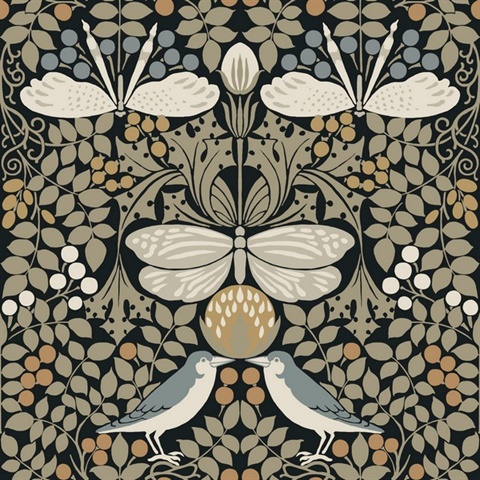 Black & Taupe Butterfly & Bird Garden Wallpaper