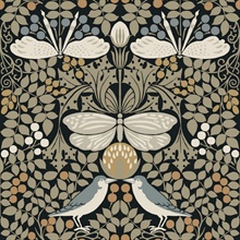 Black & Taupe Butterfly & Bird Garden Wallpaper