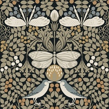 Black & Taupe Butterfly & Bird Garden Wallpaper